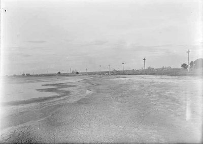 black and white photograph of lake and landscape