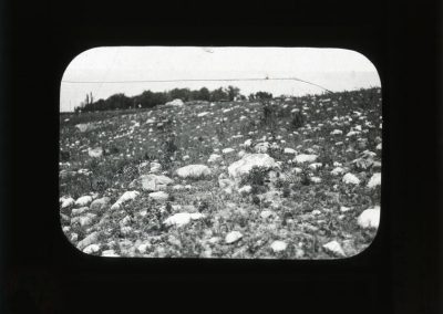 Black and white photo of glacial rocks in a field