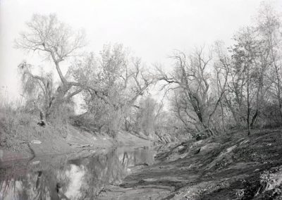 black and white photo of creek showing banks with dirt or sand, vegetation, and trees without leaves