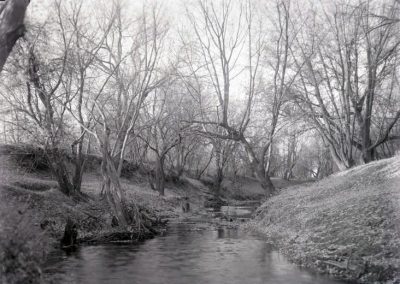 black and white photo of creek with ripples and trees along embankment
