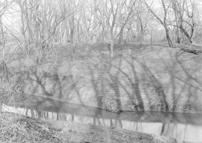 black and white photo of creek of trees and shadows on embankment