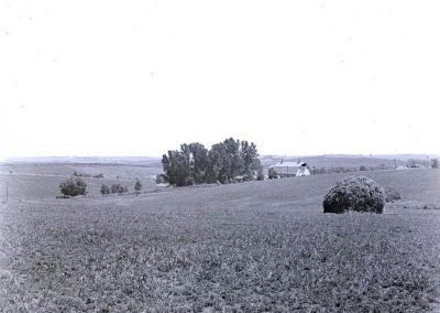 black and white photo of field and barn